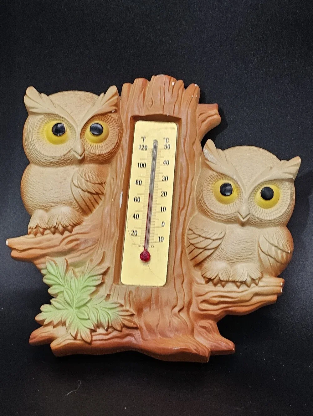Milller Studio Chalkware Owl Tree Wall Thermometer